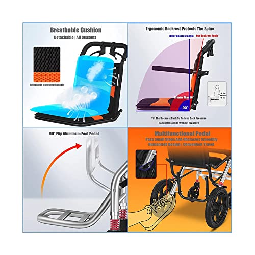 Silla de ruedas de aluminio ligera con frenos de mano, silla de viaje plegable portátil para ancianos, carrito de ruedas traseras de 12 pulgadas