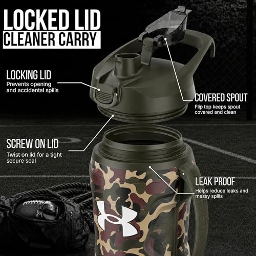Image of Under Armour Insulated Water Bottle with Handle & Fence Hook, Half Gallon Sports Water Jug, Leak-Resistant & BPA-Free for Baseball, Football & Gym - Green Hyper Camo, 64oz