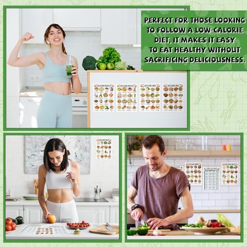 Image of Sinload 12 Pcs Low Calorie Meal Plan Poster Low Calorie Diet Chart Laminate Weight Loss Grocery List for Kitchen Classroom Fridge