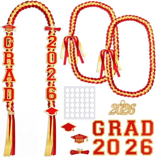Yinkin Graduation Ribbon Leis Set Class of 2026 Handmade Double Braided Necklace Adjustable Includes Silk Leis Grad Cutouts 2026 Pendant for Graduation Party Accessories(Red Gold)