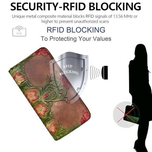 Image of Wallet Genuine Leather for Women - with RFID Blocking Card checkbook ID Slot Large Capacity Vintage style (morning glory coffee)