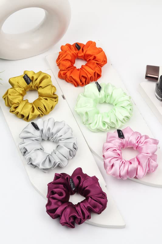Image of Premium Satin Scrunchies for Women | Hair Bands, Ponytail Holders & Rubber Bands | Large, Fluffy, No-Damage Hair Ties | Girls Hair Accessories | Large Size | Pack of 6