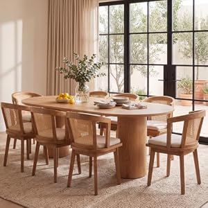 EALSON Rattan Mid Century Dining Chairs Set of 8 Modern Farmhouse Wooden Dining Room Chairs with Cane Curved Back Linen Fabric Upholstered Comfortable Kitchen Side Chairs for Restaurant, Beige