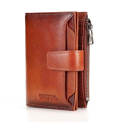 mens buckle, zipper, leather wallet, detachable card, large capacity, multi-functional coin pocket (Yellowish brown)