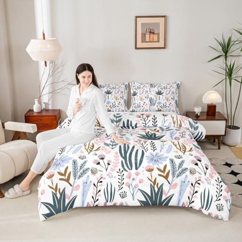 Image of Feelyou King Size Comforter Set, Cartoon Flowers Duvet Set - Pink, Green Plants, Botanical Leaves and Flowers Pattern, Durable Quilt Set
