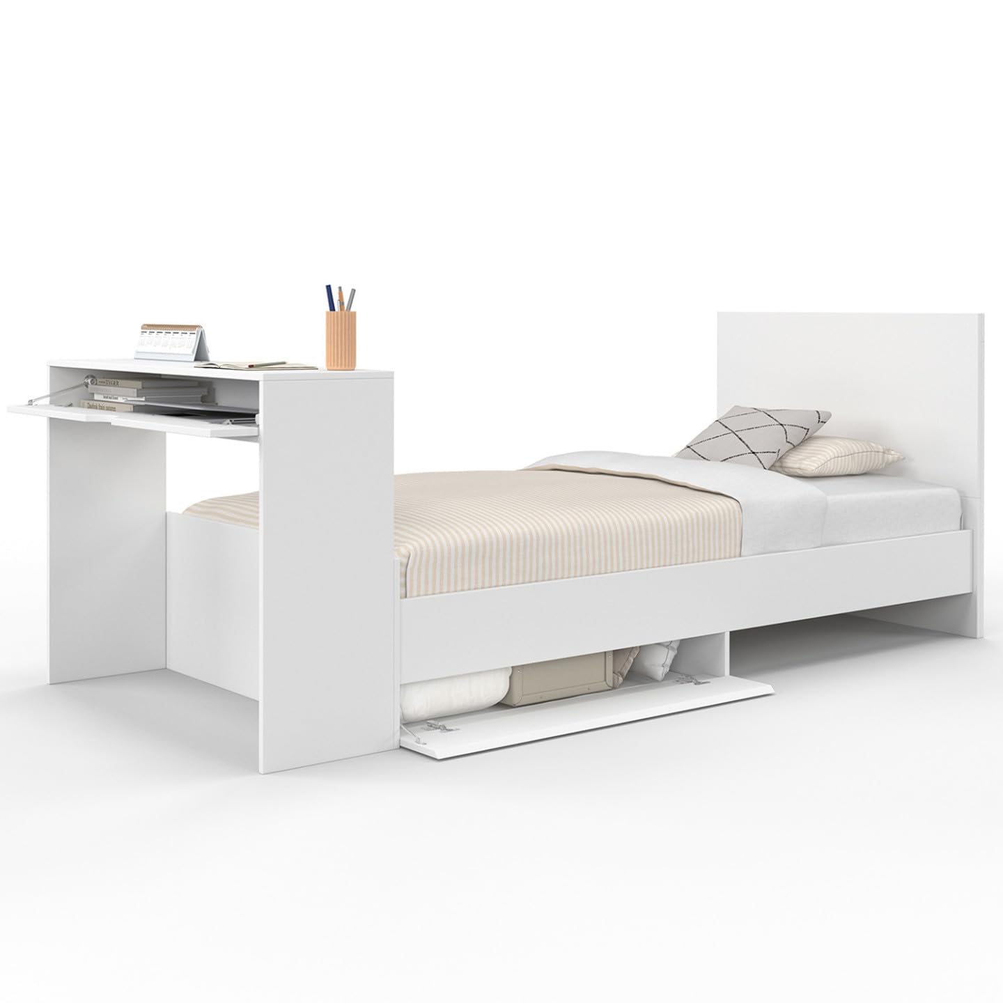 IDMarket - Lit Simple Omaha 90 x 190 cm avec sommier, tête de lit, Bureau et rangements Blanc