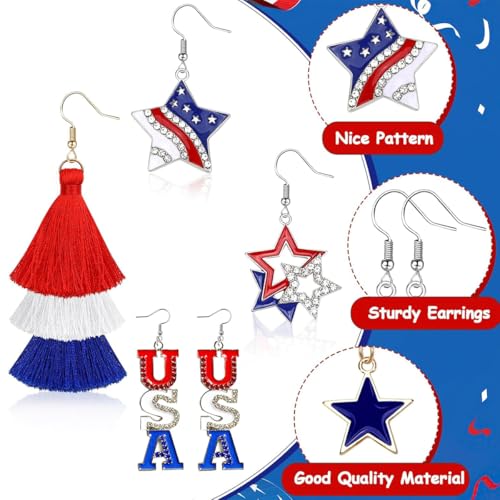 【6 Pairs】 4th of July Accessories for Women American Flag Earrings USA Drop Earrings Fourth 4th of July Outfits for Women Patriotic earring Party Favors Red White Blue Decorations3