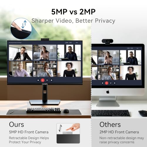 Image of CUNPU 24 Inch Monitor with Camera, Computer Monitor with Pop-up 5MP 2K Webcam and Stereo Mic & Speakers, FHD 1080P Vertical Monitor for Video Conferencing, HDMI, VGA Port, Swivel Pivot Adjustable