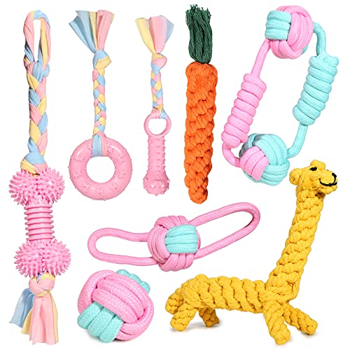 JYPS Puppy Dog Chew Toys, 8pcs Dog Toy Set Teething Training, Chewing Toys for Aggressive Chewers, Interactive Pink Dog Rope and ball Toys Gift Xmas for 8 Weeks Small Puppies, Medium and Large Dogs