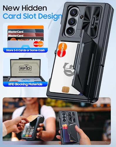Image of for Samsung Galaxy Z Fold 7 Case with Card Holder RFID Blocking, Built in Slide Lens Cover & Hinge Protection & Kickstand & Screen Protector, Shockproof Wallet Case for Z Fold 7 (Black)