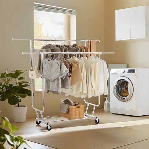 Yaheetech Industrie Kleiderständer Stabiler Garderobenständer 2 Kleiderstange mit Rollen Ausziehbarer Zusammenklappbar Höhenverstellbar Edelstahl