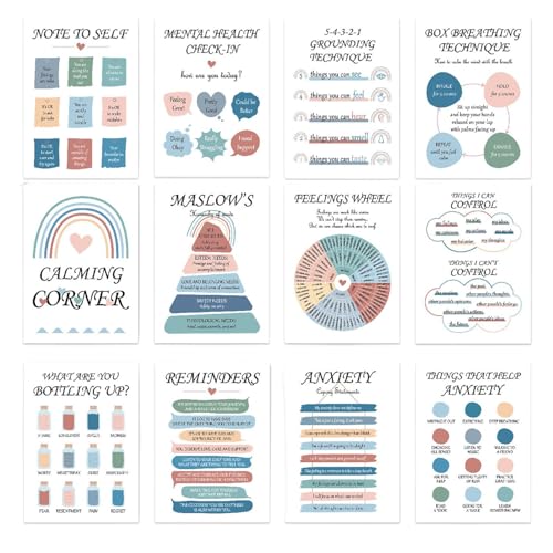 Póster psiquiátrico de enfermería, póster psicólogo escolar - arte de pared para la salud mental, 12 tablas de anuncios inspiracionales para el crecimiento emocional