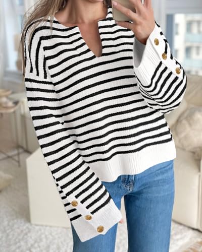 Saodimallsu Womens Striped Sweater Oversized V Neck Knit Long Sleeve Drop Shoulder Trendy Loose Pullover Sweaters2