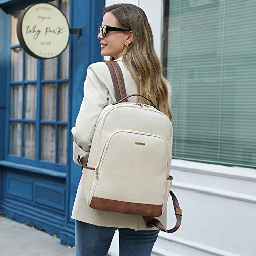 CLUCI Leather Backpack for Women 15.6 inch Laptop Backpack Purse Computer Backpack for Travel Airplane Casual Daypack Beige with Brown2