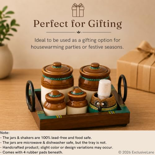 Image of ExclusiveLane 'Old Martaban' Ceramic Pickle Jars for Dining Table with Salt & Pepper Shaker & Tray & Toothpick Holder (Non Air-Tight, Jars & Salt Pepper Shaker : 120 & 20 gram) | Jar for Pickle Jar