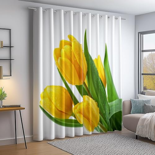 Cortinas Opacas 70An x 145Al cm 2 Paneles con ojales, Aislamiento térmico y reducción de ruido para dormitorio y salón - Realista Fotografía Flores Tulipanes microfibra cortinas estampadas Amarillo