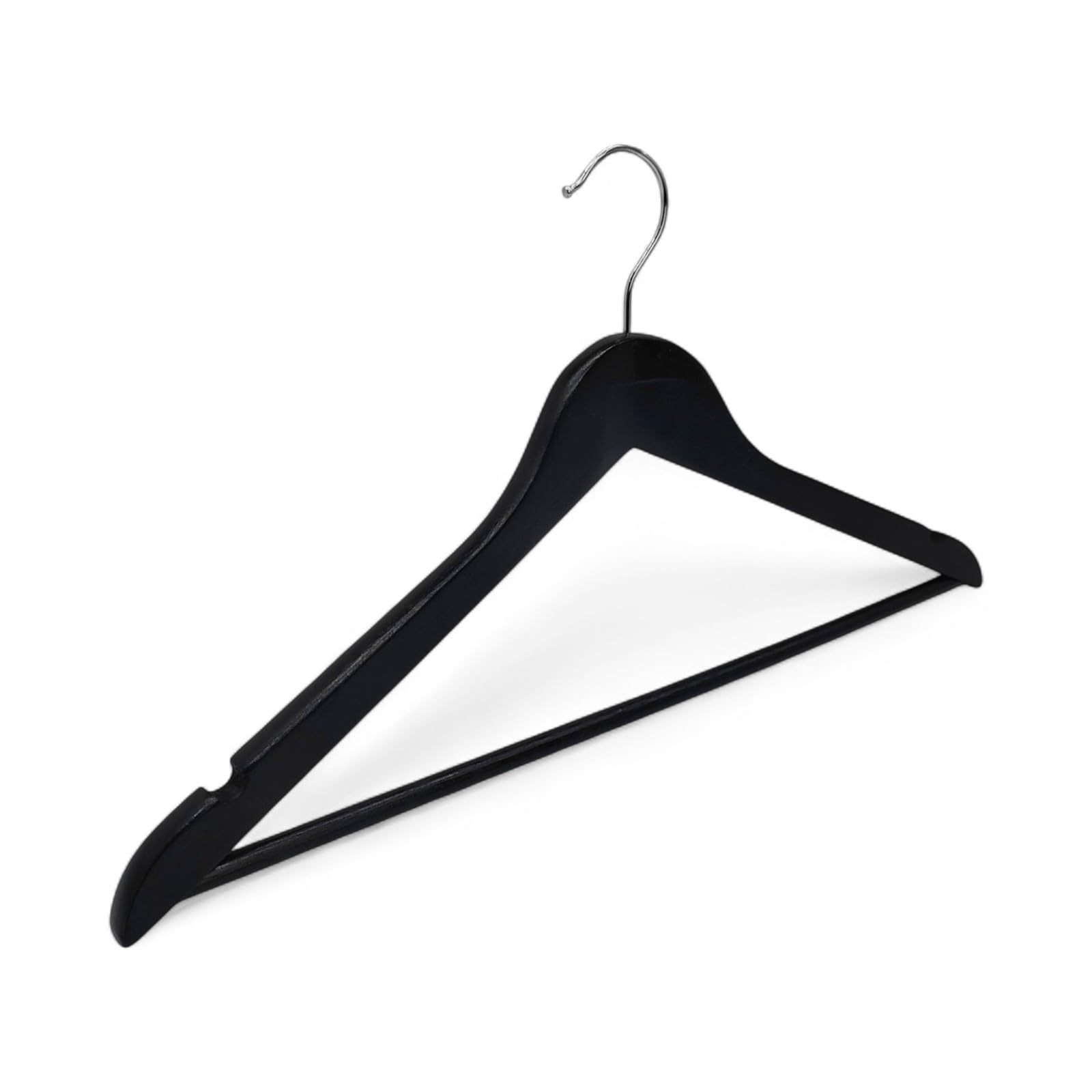 10x Black Wooden Clothes Hangers 44.5cm with Bar & Notches | Flat Adult Wardrobe Hangers with 360° Swivel Chrome Hook | Space Saving Black Wooden Hangers for Suits, Jackets, Trousers, Skirts & Shirts