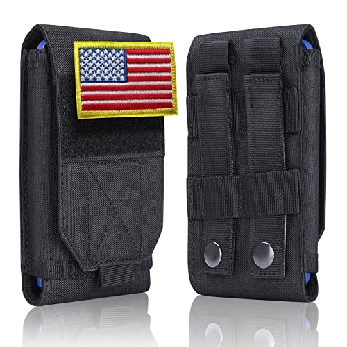 Image of Black Tactical Molle Cellphone Pouch Case,Heavy Duty Waterproof Phone Holster Bag for iPhone 11 12 13 Pro Max for Samsung S22 S21 S20 FE Note 20 A02S Less 6.7 inch Phone with 2 Pack US Flag Patch