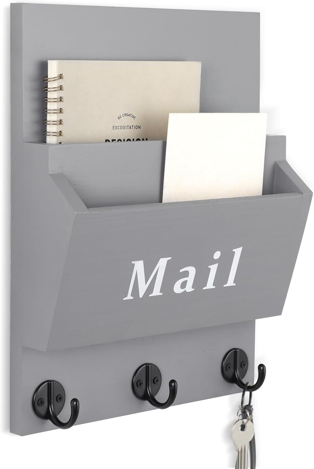 Mail and Key Holder - Decorative 9.8" x 12.5" Wall Key Hanger with 2 Mail Organizer Slots and 3 Hooks - Real Paulownia Wood with Keyhole Brackets, Hardware and Instructions (Gray)