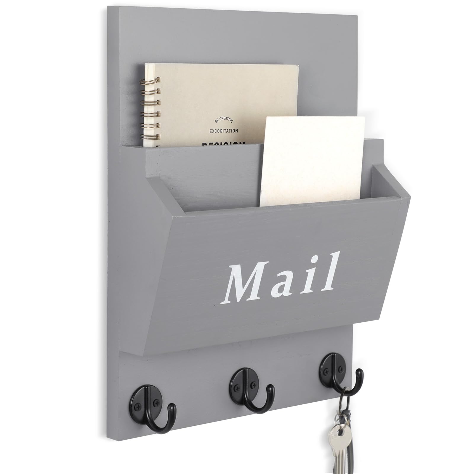 Lucundm Mail and Key Holder - Decorative 9.8" x 12.5" Wall Key Hanger with 2 Mail Organizer Slots and 3 Hooks - Real Paulownia Wood with Keyhole