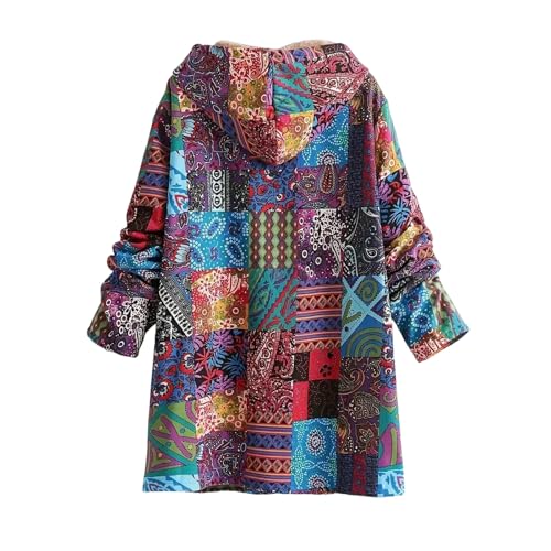 Fleece Jackets for Women 2025 Vintage Ethnic Style Sherpa Lined Coats Winter Warm Button Up Patchwork Hooded Jacket3