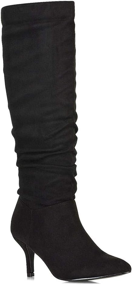ESSEX GLAM Womens Knee High Boots Ladies Black Faux Suede Low Mid Heel Pointed Toe Rouched Zipper Booties Shoes 9 B(M) US