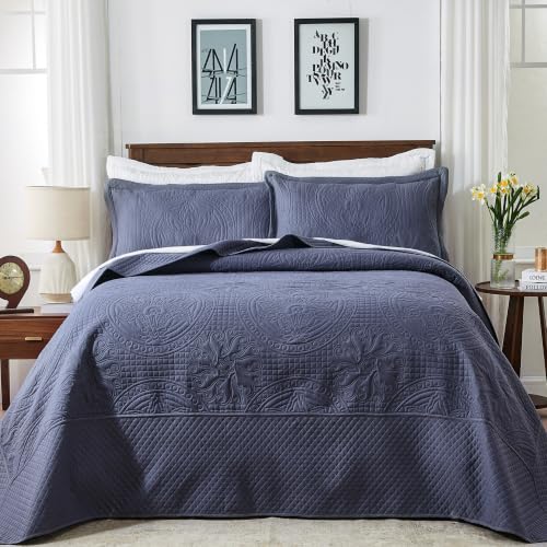 Image of Qucover King Bedspread Medallion Quilt Bedding Set 3 Piece Navy Blue