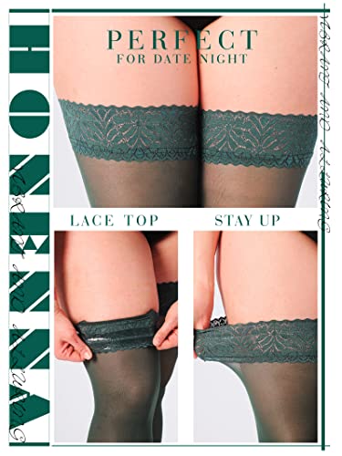 Image of HONENNA Plus Size Thigh High Stockings, Semi Sheer Stay Up Lingerie Lace Top Pantyhose for Curvy Women