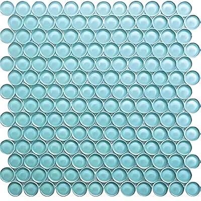 Penny Round Glass Mosaic Tile 1”x1” – 5 Sq Ft Box of 5 Tiles – Glossy Finish, Waterproof, Easy Install Mesh-Backed Tile for Kitchen Backsplash, Bathroom, Shower, Wall, & Decor - Light Blue