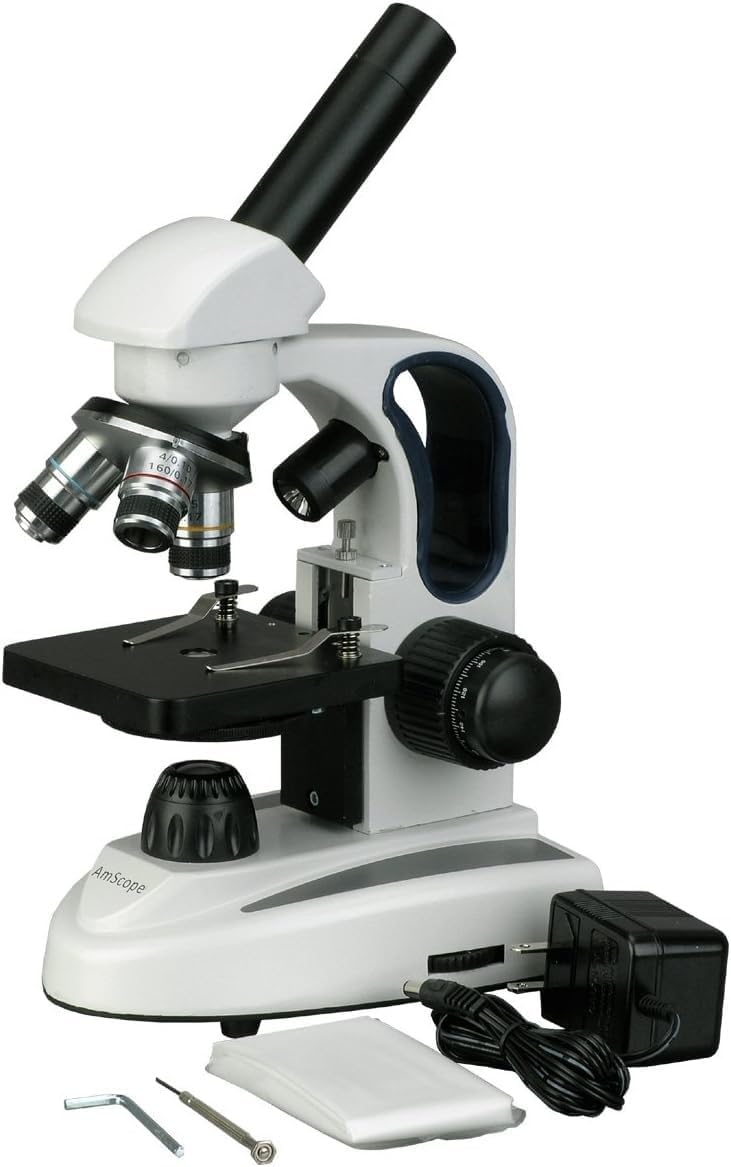 AmScope M158B-2L Cordless Compound Monocular Microscope, WF10x and WF20x Eyepieces, 40x-800x Magnification, Upper and Lower LED Illumination with Rheostat, Brightfield, Single-Lens Condenser, Coaxial Coarse and Fine Focus, Plain Stage, 110V or Battery-Powered