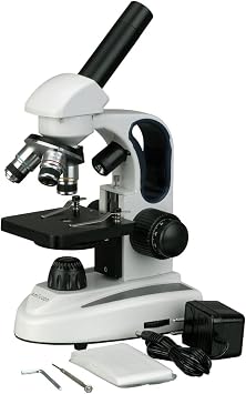 AmScope M158B-2L Cordless Compound Monocular Microscope, WF10x and WF20x Eyepieces, 40x-800x Magnification, Upper and Lower LED Illumination with Rheostat, Brightfield, Single-Lens Condenser, Coaxial Coarse and Fine Focus, Plain Stage, 110V or Battery-Powered