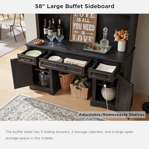JXQTLINGMU-Farmhouse-58-Large-Bar-Cabinet-with-Hutch-76-Height-Storage-Cabinet-Coffee-Bar-Buffet-Sideboard-Kitchen-Hutch-Pantry-for-Kitchen-Bathroom-Dining-Room-Black JXQTLINGMU Farmhouse 58 Large Bar Cabinet with Hutch 76 Height Storage Cabinet Coffee Bar Buffet Sideboard Kitchen Hutch Pantry for Kitchen Bathroom Dining Room Black