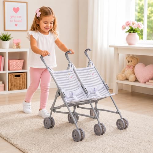 Image of JC Toys Boutique | Twin Folding Umbrella Doll Stroller for Children 2 Years Plus, Grey Stripes and Soft Embroidery | Sturdy Metal Frame | Pretend Play with Dolls up to 18 inch Long | Seat Belts