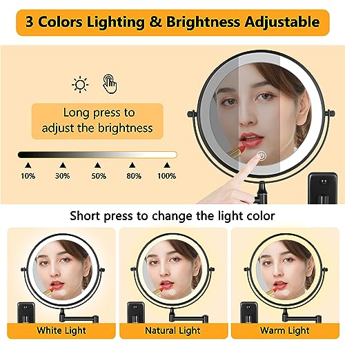 Wall Mounted Lighted Makeup Mirror with 10X Magnification, Touch Screen, and Dimmable Lights for Bathroom (Black, 8 inch)