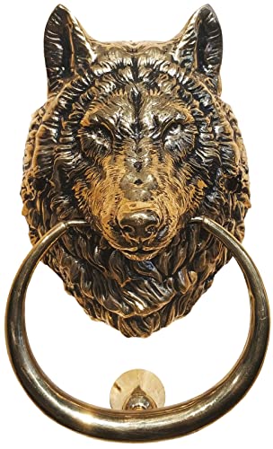 Wolf-Türklopfer, massives Messing, 16 cm hoch, Wolfskopf-Haustür-Ornament, antikes Messing-Finish Cover