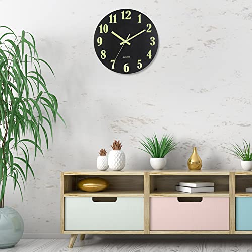 Image of HZDHCLH Luminous Wall Clock 12 Inch Silent Non Ticking Clock for Living Room Bedroom Kitchen Office(Luminous Black)