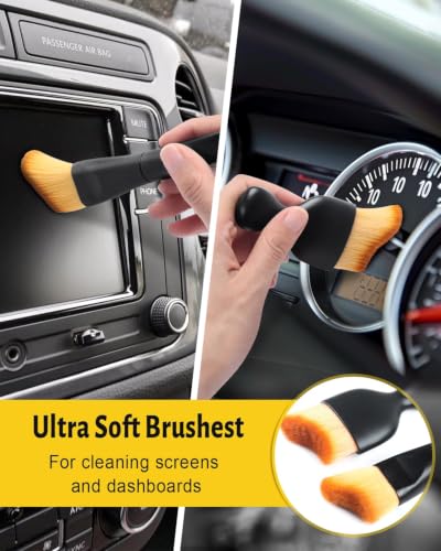 Image of Caianwin 5pcs Car Cleaning Brush Set, Ultra Soft Hair Car Dust Sweeping Soft Bristle Brush, Boars Car Detailing brushes, Microfiber Car Interior Brush for Cleaning Interior /Exterior of Car