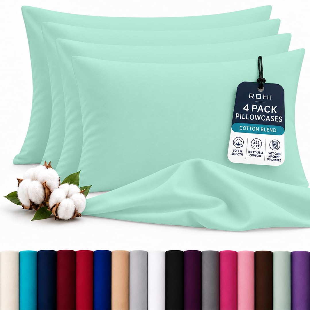 Rohi Luxury Mint Green Pillowcases 4 Pack - (50×75cm) | Soft & Comfy Cotton Blend Pillow Covers with Envelope Closure | Breathable, Anti-Allergy, Fade & Wrinkle Resistant