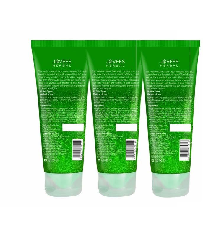 Image of Jovees Herbal Grape Face Wash With & Orange Peel Extracts | For Brighter & Glowing Skin | Reduces Uneven Skin Tone & Fine Lines | For All Skin Types For Men & Women | 120 ml Pack of 3