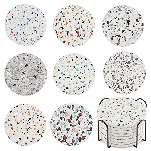 Set of 8 Coasters with Holder,Beautiful Marble-Style Absorbent Round Ceramic Drink Coasters with Cork Base for Coffee Table,Mug,Beer,Wine Glass Bottle,Home and Bar (Marble-Style)