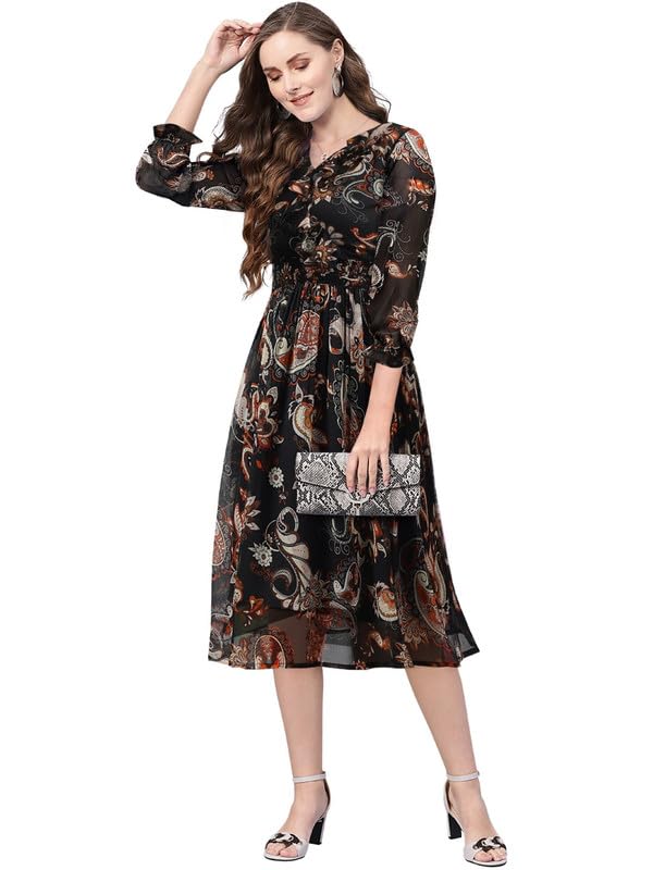 Cicica Women’s Black Georgette Paisley Print Fit & Flared Western Dress | Dress for Women | A line Dress | Winter Dress | Western Dress | Latest Women Dress | Trendy Dress | Midi Dress