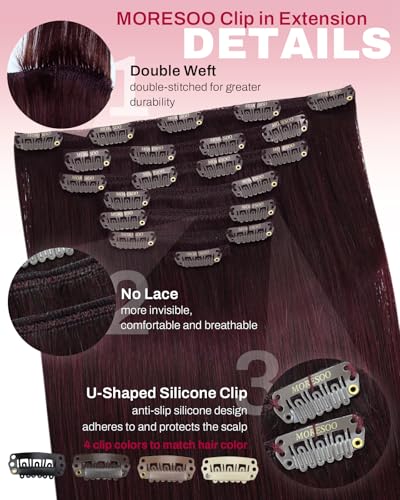 Image of Moresoo Burgundy Human Hair Clip in Extensions Long Wine Red 24 inch | Red hair extensions clip ins, wine red burgundy, 120g 7pcs full head set for party looks and long straight styles