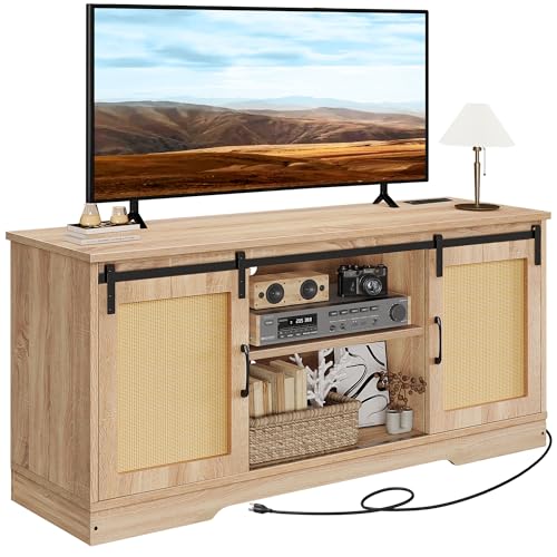 YITAHOME TV Stand for 65 Inch TV with Power Outlets, Rattan Entertainment Center with Sliding Barn Doors and Storage Cabinets, 59” Mid Century Modern Media Console TV Table for Living Room, Natural