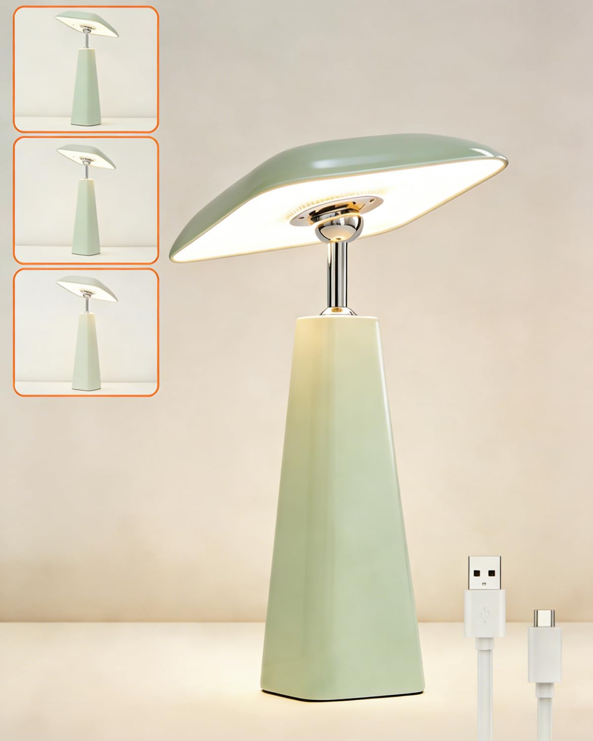 Harper Living Large - Shiny Light Green Rechargeable Table Lamp, Magnetic Touch Mushroom Bedside Light Dimmable, Portable Led Battery Desk Lamp For Bedroom Living Room Home Office Kids Room (Shiny Light Green)