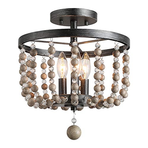 LALUZ Semi Flush Mount Ceiling Light Natural Wood Beads Painted Finish, 12 D” x 13.6” H, Black