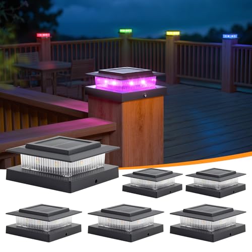 APONUO 6 Pack Solar Post Cap Lights RGB Color Changing - 8 Solid Colors & Flowing Multicolor IP65 Waterproof for 4x4 Wood/Vinyl Posts Auto On/Off Deck Fence Patio Garden Lighting Black