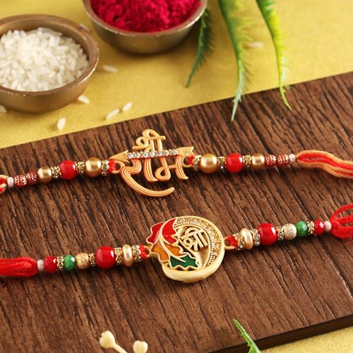 Rakhi Set of 2 Rakhi for Brother with Raksha Bandhan Greeting Card | Roli Chawal Tika - Raksha Bandhan Designer Kundan Rakhi for Brother & Bhabhi | Rakhi for Bhaiya | Rakhi Thread VRK0122