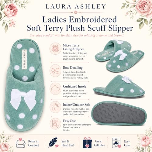 Image of Laura Ashley Ladies Embroidered Soft Terry Plush Scuff Slipper