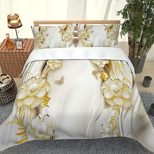 INYTJX Housse Couette 260X240 - Parure De Lit Adulte Enfant Imprimé Motif De Fleurs Dorées Housse De Couette 2 Personnes Cover