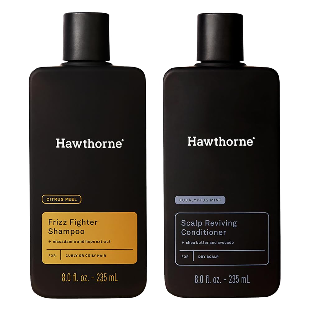Hawthorne Ultra Nourishing Shampoo and Conditioner Set. Mens Curly Hair Shampoo and Conditioner Set with Frizz Fighter Shampoo and Scalp Reviving Conditioner. Sulfate Free, Paraben Free. 8 fl. oz each